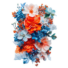 Orange Blue White Flower Collage on white background,png