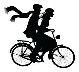 Fototapeta premium Silhouette of a Couple Riding a Bicycle with a Scenic Background