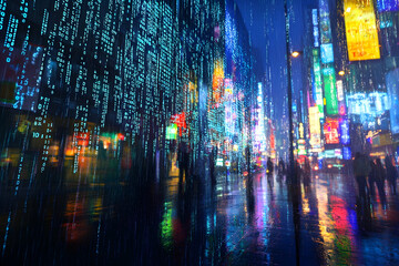 Fototapeta premium Futuristic cityscape at night with neon lights and digital rain in urban street