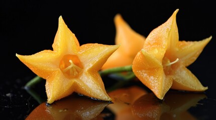 Fototapeta premium Two star-shaped yellow fruits with a glossy, droplet-covered surface, placed against a black background with a reflective surface.