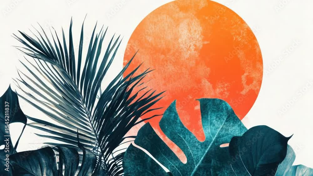 Poster a beautiful scene of palm trees illuminated by the warm glow of a sunset