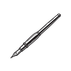 Elegant vintage fountain pen illustration in black and white art silhouette on clean white background