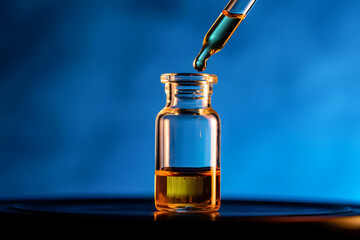 Amber liquid being dispensed from a glass pipette into a small vial against a deep blue background, creating a dramatic and scientific mood.