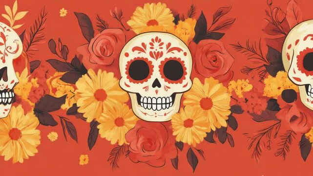 A group of skulls decorated with flowers on a vibrant red background