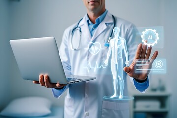 Doctor using AI technology and laptop to analyze a 3D holographic human body model, showcasing medical innovation and digital healthcare.