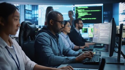 Cybersecurity team collaboratively analyzing complex data in modern office - Powered by Adobe