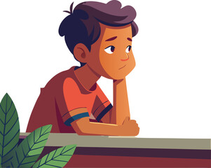 A young character leans thoughtfully against the windowsill, observing the world outside as soft sunlight filters through the leaves of a nearby tree