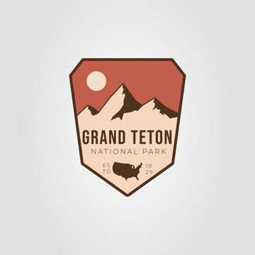 Grand Teton National Park logo with mountains and sun, suitable for outdoor enthusiasts merchandise, travel websites, and adventure brands.