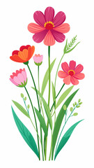 Colorful flat style flower garden illustration featuring a mix of purple, white, and lavender wildflowers with green leaves and plants