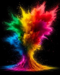 An explosion of colored powder highlighted on a black background. Colored background