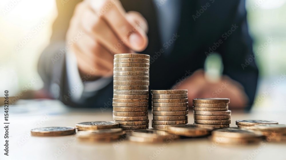 Poster a man in a suit is stacking coins on a table with a blurred background.