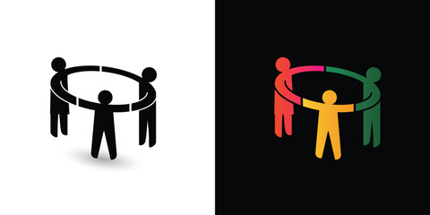 family three people mother farther child holding hands, logo icon symbol. concept of family relationship parenting development unity bonding support wellbeing. vector illustration