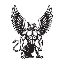 Obraz premium Powerful vintage art silhouette of a muscular griffin mythical creature with outstretched wings