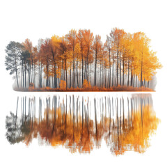 Reflective Autumn Forest Lake at Dawn on white background,png