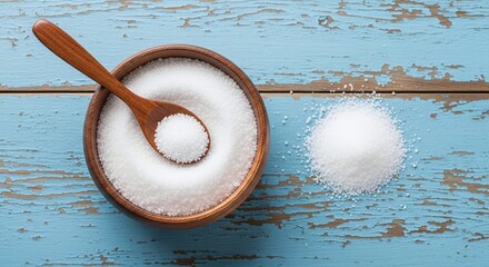 Salt in wooden bowl and spoon on blue wood
