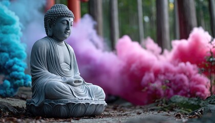 A serene Buddha statue meditating, surrounded by colorful smoke clouds, representing the concept of enlightenment and mysticism