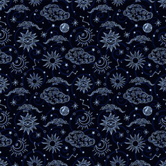 Seamless image of a magical, starry sky with a crescent moon. Packaging and fabric design.