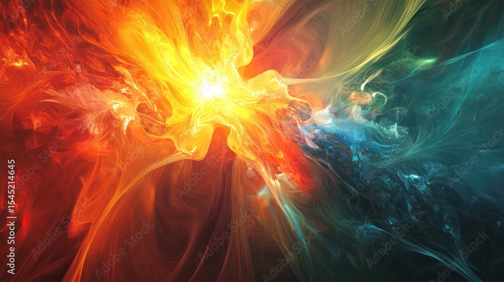 Poster a vibrant, abstract artwork featuring a fiery orange and blue explosion with swirling patterns and a