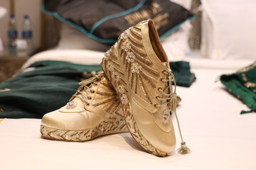 designer mens shoes decorated with chumki and pearls, in Indian ethnic style