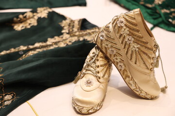 designer mens shoes decorated with chumki and pearls, in Indian ethnic style