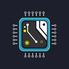 High-tech CPU chip logo in blue and black with thin white circuit paths, suitable for AI and data tech visuals
