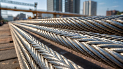 shows a close-up of several coiled steel cables, likely used for construction or industrial purposes, with a blurred background featuring buildings and equipment. The cables are shiny and metallic, re