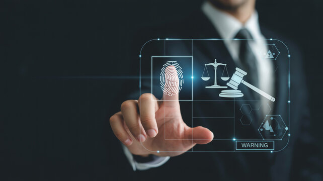 Man touching a fingerprint icon with scales and gavel in a digital interface on a dark background