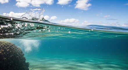 Ocean water split view with coral reef