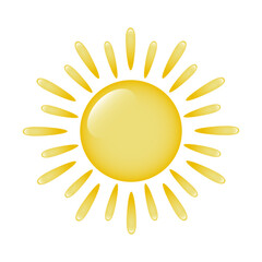 An icon of a large, cartoon sun with rays on a white background. A three-dimensional sun with glare and rays. Logo, sun sticker. The concept of summer and weather. Vector EPS 10.