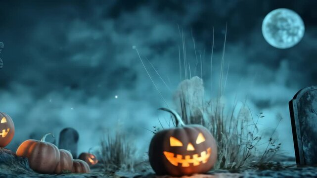 Jack-o’-lantern pumpkins glowing in a spooky graveyard at night under a full moon. Halloween holiday background concept footage.