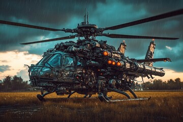 Fototapeta premium Menacing attack helicopter hovers ominously against a stormy backdrop of swirling dark clouds and jagged terrain