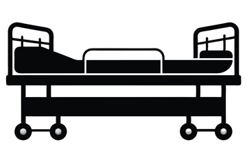 Black Silhouette of a Mobile Hospital Bed with Adjustable Rails and Wheels