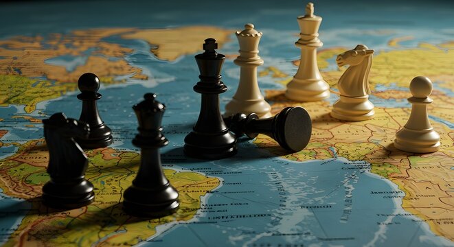 Geopol&iacute;tica y concepto de econom&iacute;a global con figuras de ajedrez en un mapa