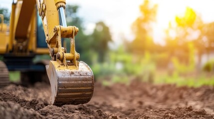 A yellow excavator's bucket digging into brown earth, with a blurred background of greenery and sunlight