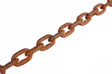 Fototapeta premium Close-up of old rusty chain on white background, rusty chain texture.