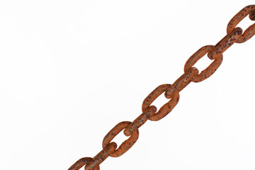 Obraz premium Close-up of old rusty chain on white background, rusty chain texture.