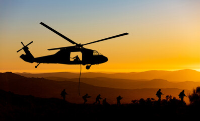 Conceptual image of war with sunset and soldier silhouette