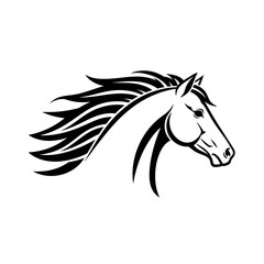 Black and white graphic illustration of a horse head with flowing mane on a white background