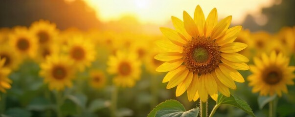 Obraz premium Vibrant, tall live sunflower in full bloom, facing the sun Golden petals, dark center, green stem and leaves Perfect for summer, nature, and agriculture themes , green, tall, farmland