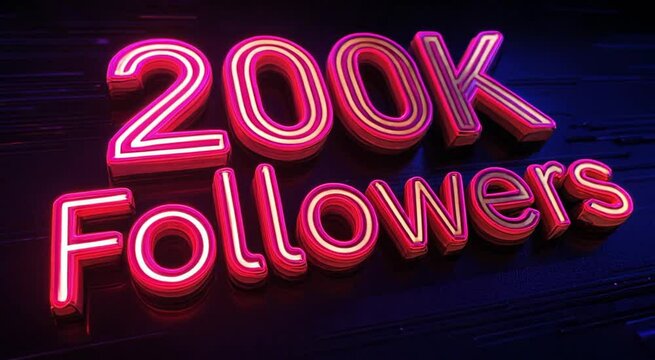 Neon sign celebrating two hundred thousand followers on a social media platform
