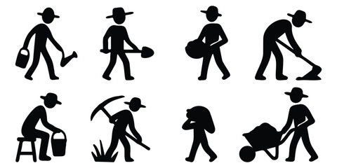 Farmer and agriculture worker stickman silhouettes engaged in planting, harvesting, watering, and other farming activities
