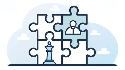 Puzzle pieces with business icons, team strategy and management concept, collaboration and leadership flat design illustration for corporate projects
