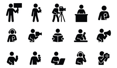 Stickman news and media concept icons showing reporters, camera crew, podcast hosts, live broadcasting, and journalism tools
