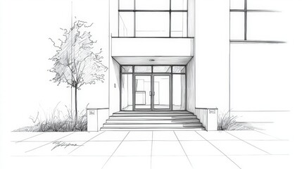 Architectural sketch modern building entrance with landscaping
