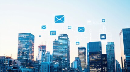 Cityscape skyline with digital communication icons