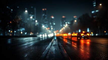 Night traffic on wet asphalt with glowing city lights.