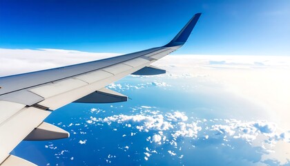 Obraz premium Airplane wing flying in blue sky with clouds.