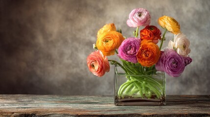 Fototapeta premium Bright and colorful ranunculus flowers arranged in a glass vase on a rustic wooden table.