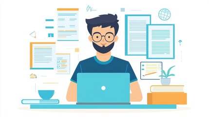 Focused man working on laptop, documents and coffee