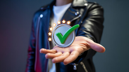 A hand holding a green check mark icon with stars around it in front of a leather jacket person